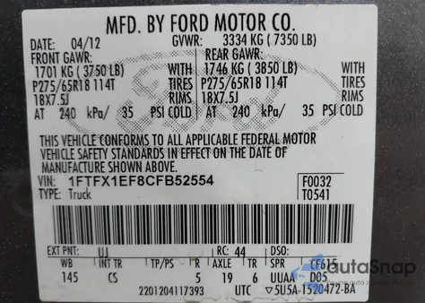 2012 Ford F-150 Stx from USA, damaged, VIN 1FTFX1EF8CFB52554